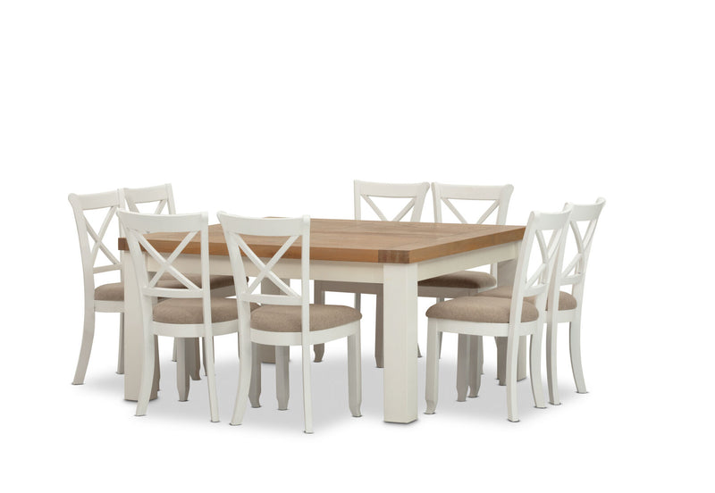 NORMANDY 9 PIECE DINING SUITE WITH MALU DINING CHAIRS. WHITE/OAK