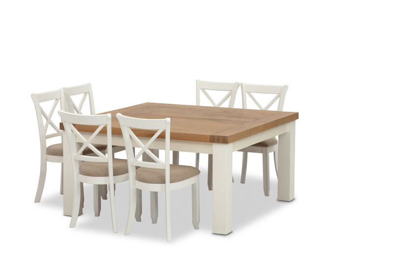NORMANDY 9 PIECE DINING SUITE WITH MALU DINING CHAIRS. WHITE/OAK