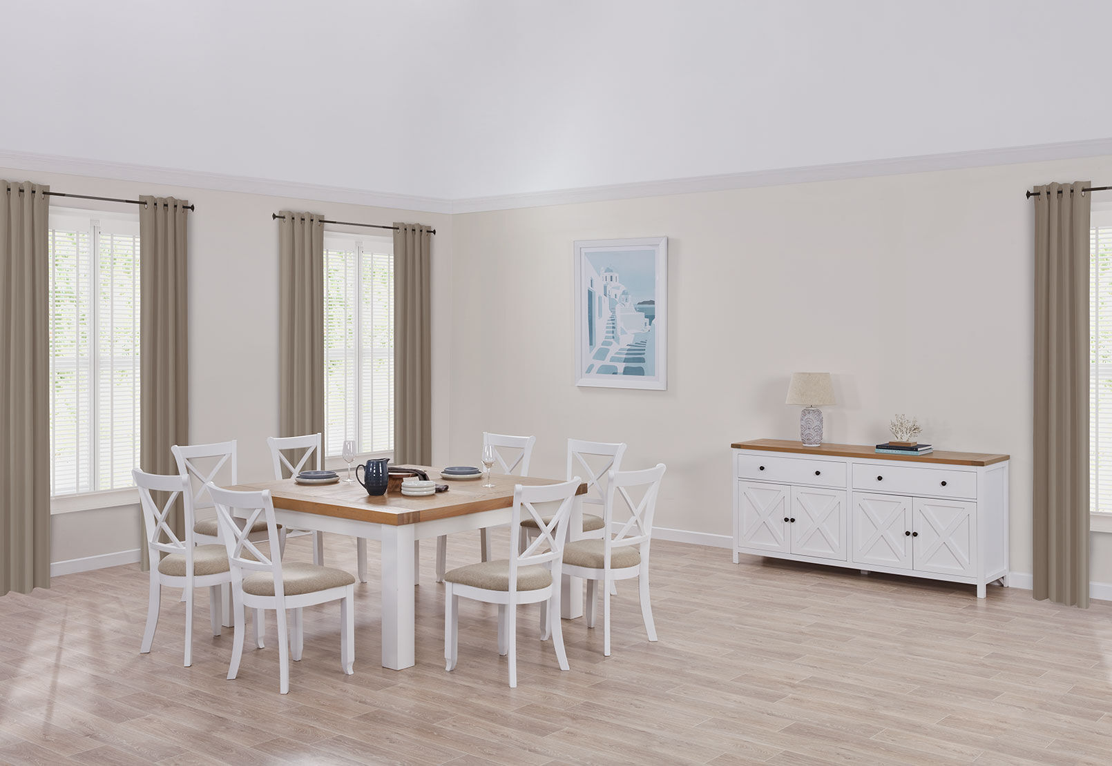 NORMANDY 9 PIECE DINING SUITE WITH MALU DINING CHAIRS. WHITE/OAK