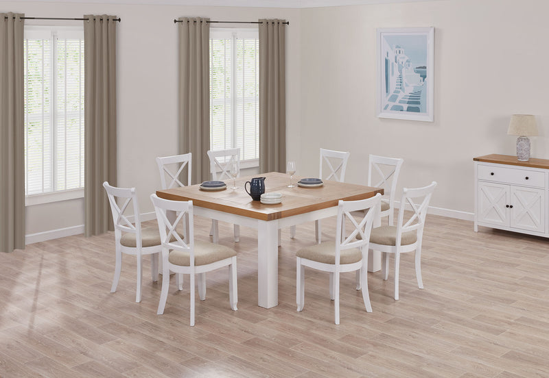 NORMANDY 9 PIECE DINING SUITE WITH MALU DINING CHAIRS. WHITE/OAK