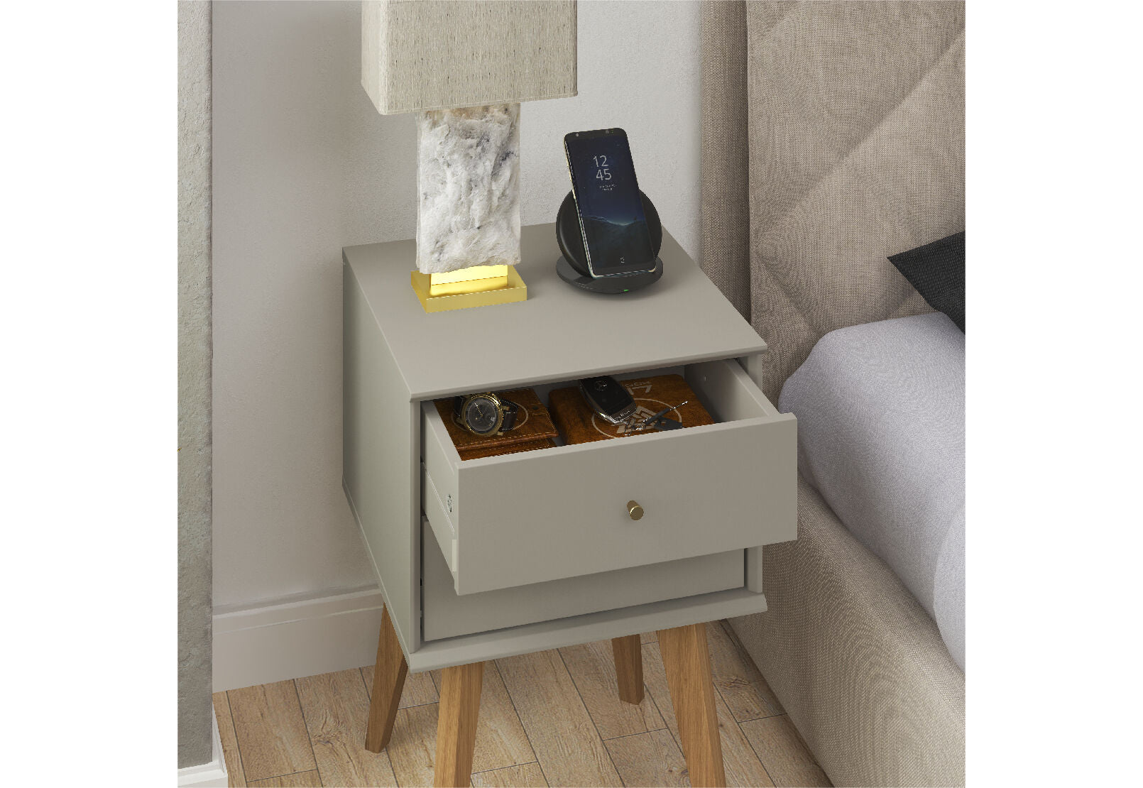 FIELDS 2 DRAWER BEDSIDE TABLE LIGHT GREY