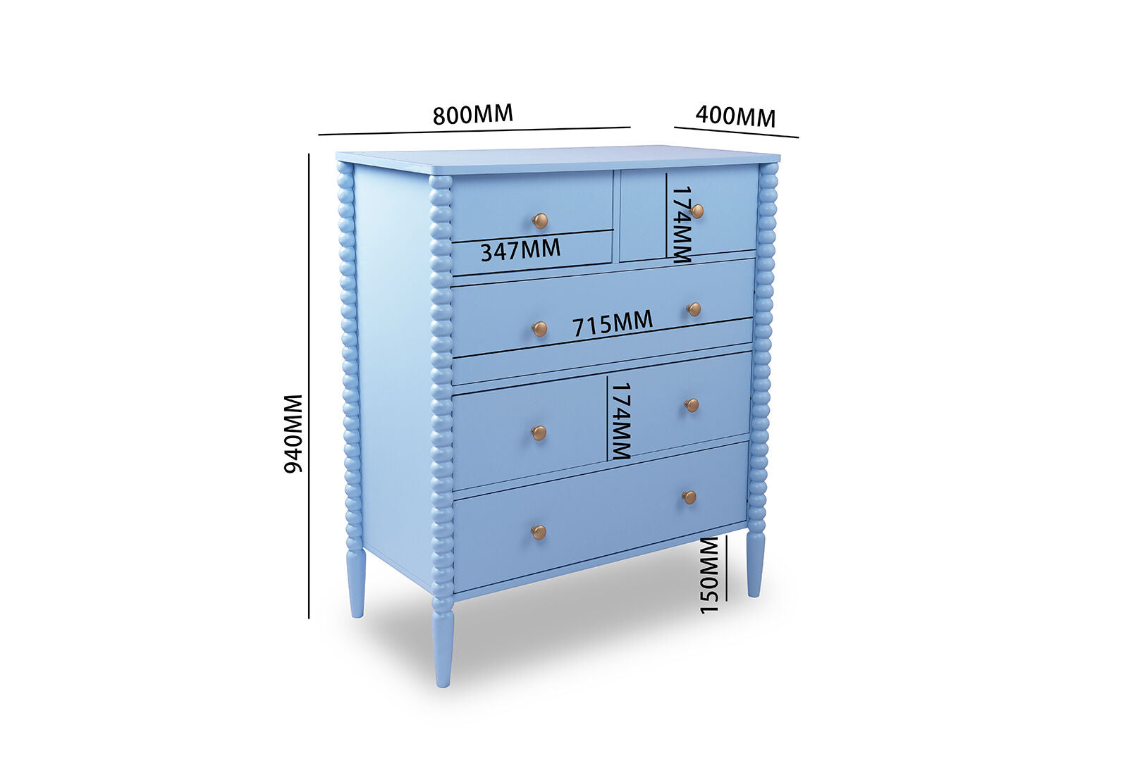 PORDENONE 5 DRAWER TALL CHEST BABY BLUE