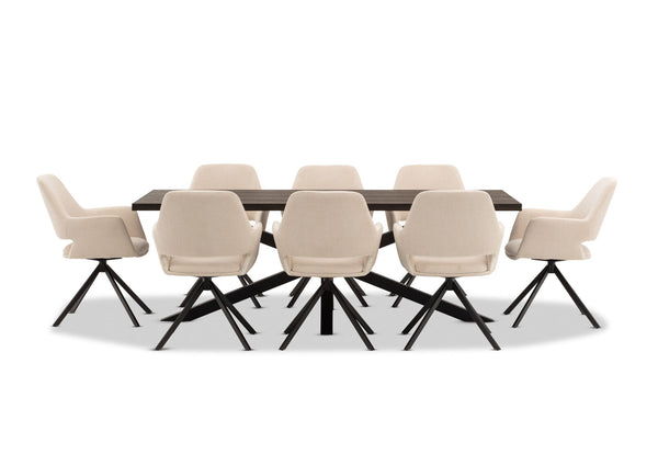 ALDERGROVE 9 PIECE DINING SUITE WITH LORCAN DINING CHAIRS WALNUT/CREAM