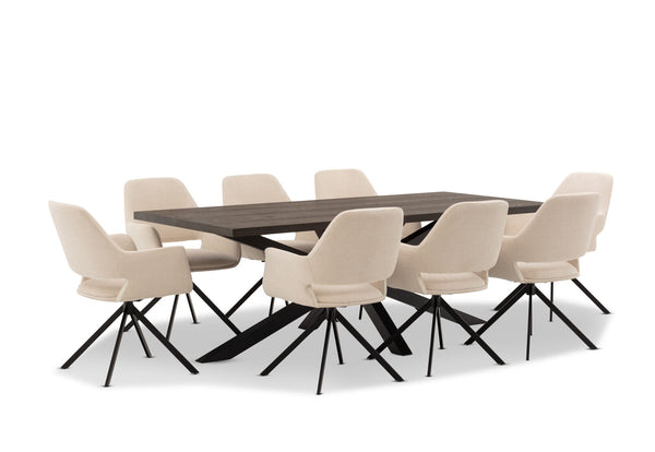 ALDERGROVE 9 PIECE DINING SUITE WITH LORCAN DINING CHAIRS WALNUT/CREAM