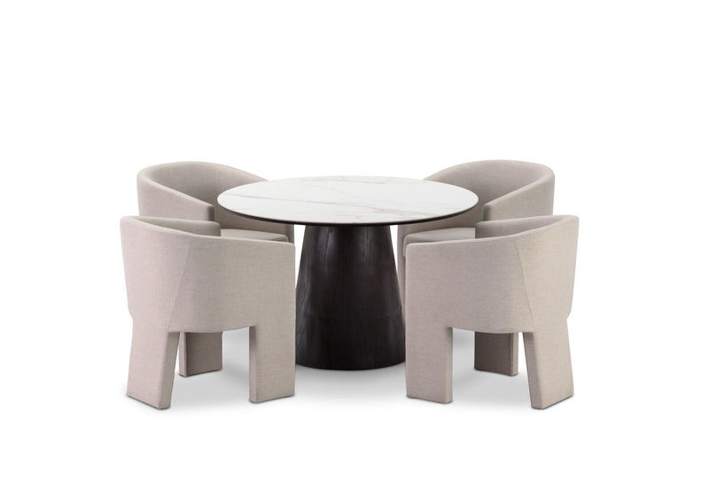 THANOS 5 PIECE CERAMIC DINING SUITE WITH ALICANTE DINING CHAIRS. MARBLE/BEIGE