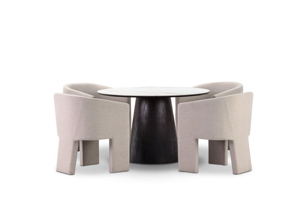 THANOS 5 PIECE CERAMIC DINING SUITE WITH ALICANTE DINING CHAIRS. MARBLE/BEIGE