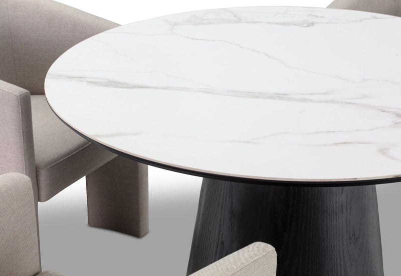 THANOS 5 PIECE CERAMIC DINING SUITE WITH ALICANTE DINING CHAIRS. MARBLE/BEIGE