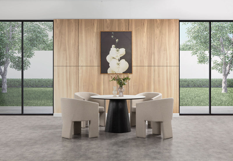 THANOS 5 PIECE CERAMIC DINING SUITE WITH ALICANTE DINING CHAIRS. MARBLE/BEIGE