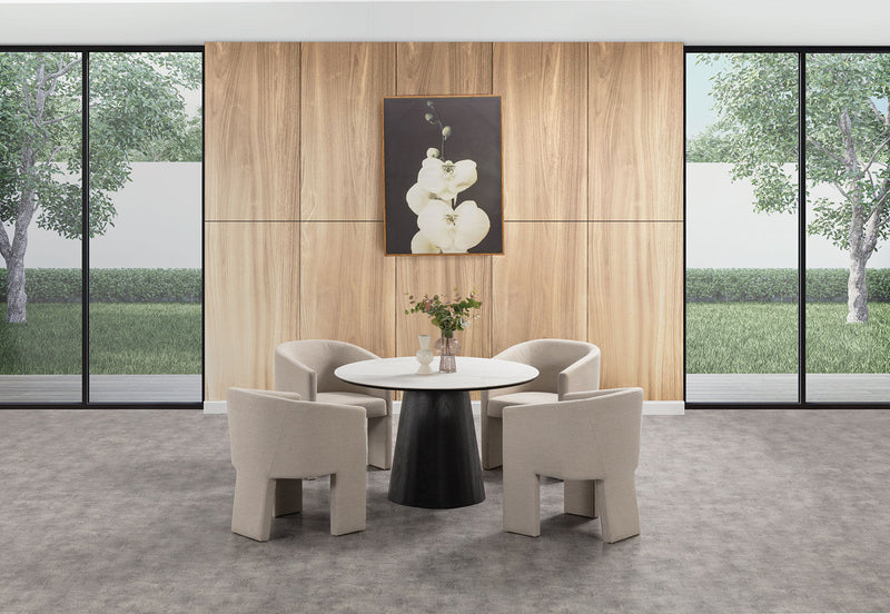 THANOS 5 PIECE CERAMIC DINING SUITE WITH ALICANTE DINING CHAIRS. MARBLE/BEIGE