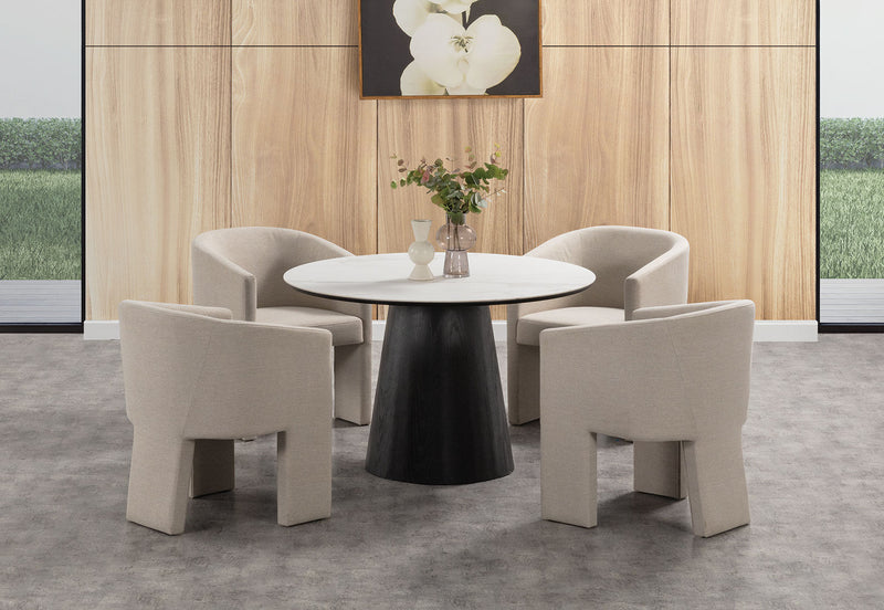 THANOS 5 PIECE CERAMIC DINING SUITE WITH ALICANTE DINING CHAIRS. MARBLE/BEIGE