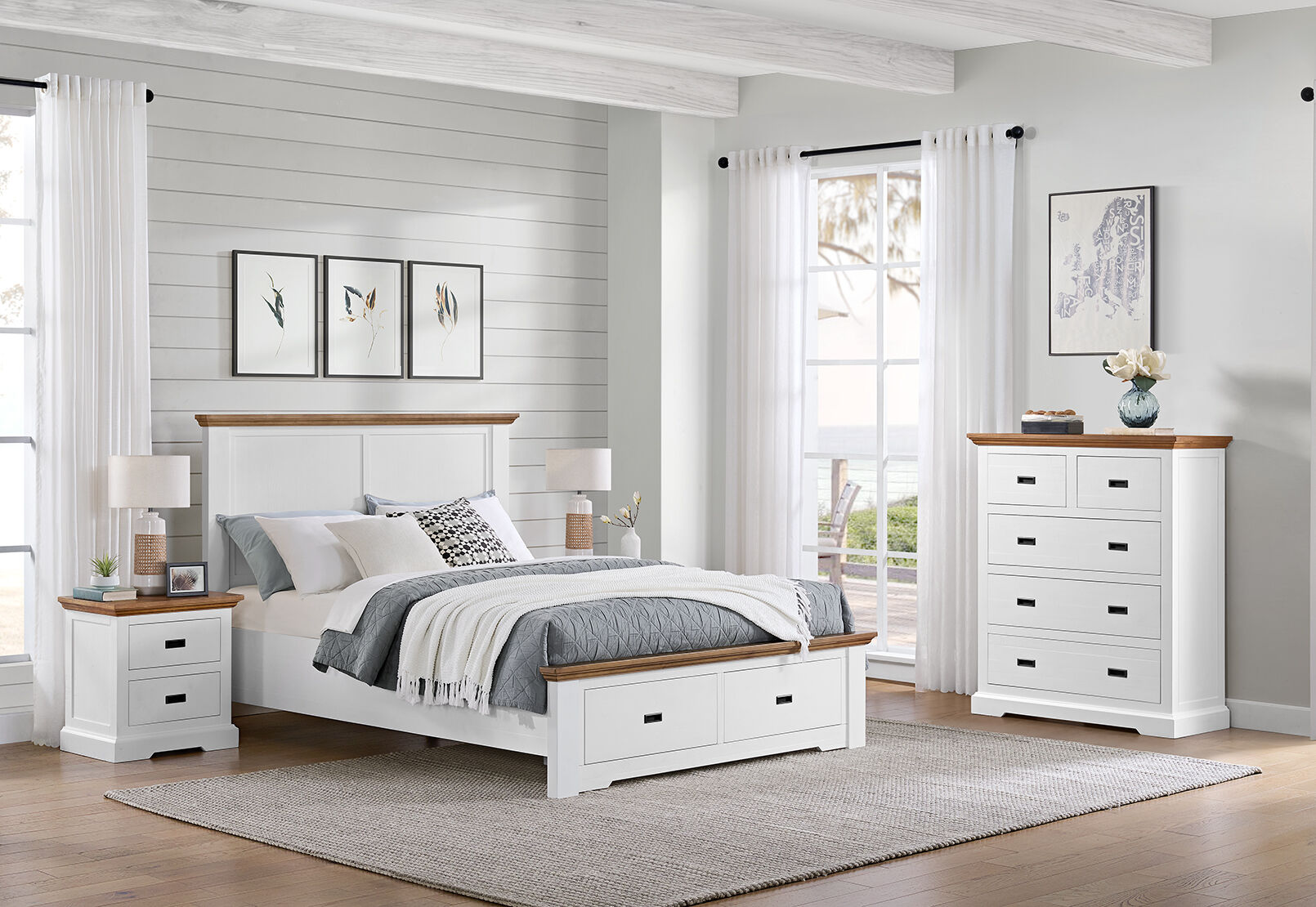 CHARLSBOURG 4 PIECE QUEEN BED TALL CHEST SUITE WHITE/DARK PINE