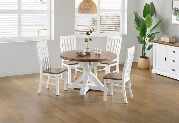 CHARLSBOURG 5 PIECE 1200 ROUND DINING SUITE WHITE/DARK PINE