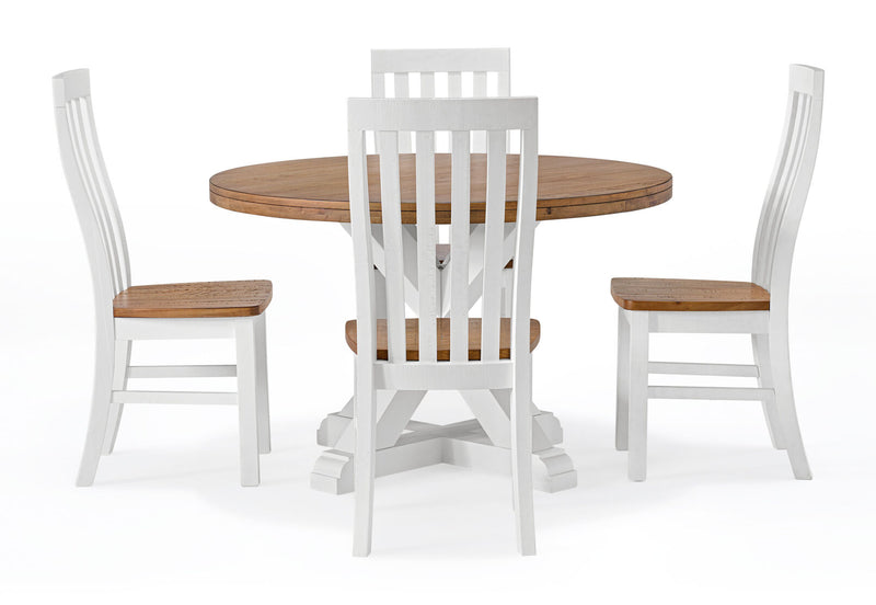 CHARLSBOURG 5 PIECE 1200 ROUND DINING SUITE WHITE/DARK PINE
