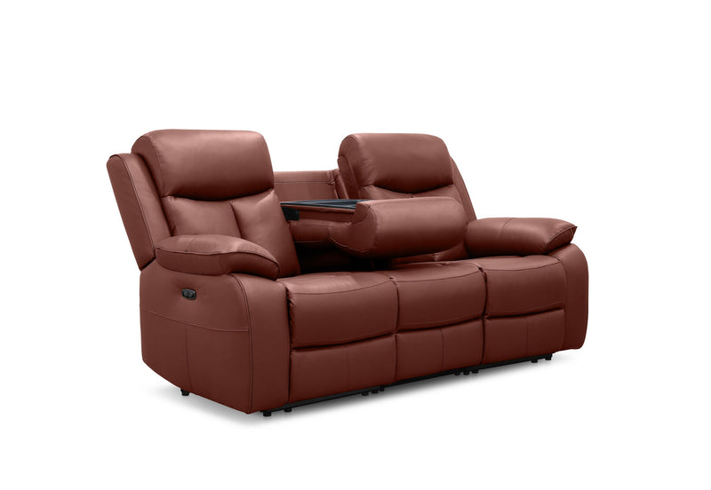 DACIA LEATHER 3 SEATER SOFA WITH 2 INBUILT ELECTRIC RECLINERS BURNT ORANGE