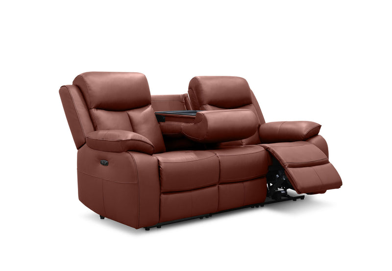 DACIA LEATHER 3 SEATER SOFA WITH 2 INBUILT ELECTRIC RECLINERS BURNT ORANGE