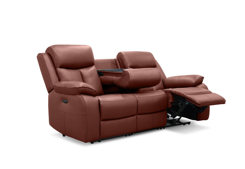 DACIA LEATHER 3 SEATER SOFA WITH 2 INBUILT ELECTRIC RECLINERS BURNT ORANGE