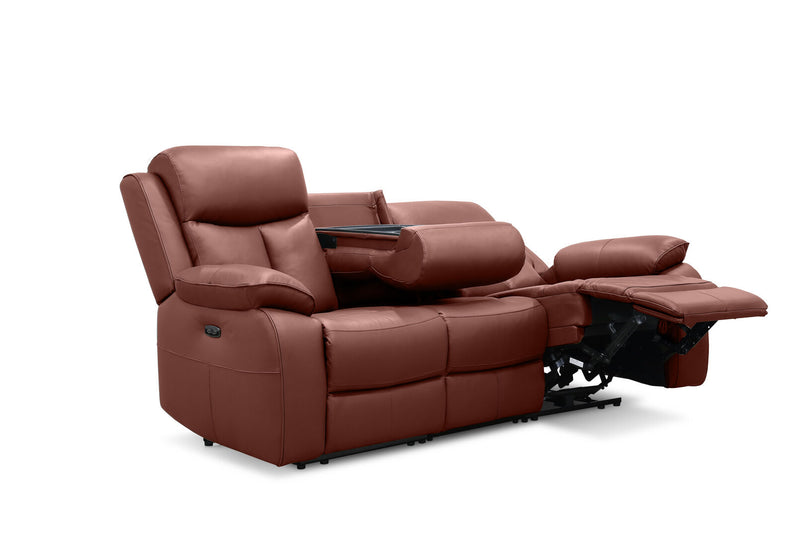 DACIA LEATHER 3 SEATER SOFA WITH 2 INBUILT ELECTRIC RECLINERS BURNT ORANGE
