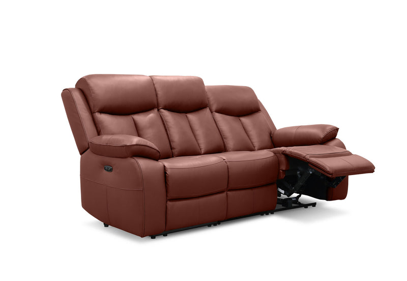 DACIA LEATHER 3 SEATER SOFA WITH 2 INBUILT ELECTRIC RECLINERS BURNT ORANGE