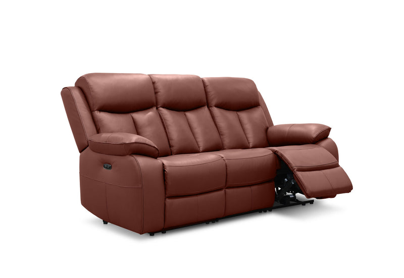 DACIA LEATHER 3 SEATER SOFA WITH 2 INBUILT ELECTRIC RECLINERS BURNT ORANGE