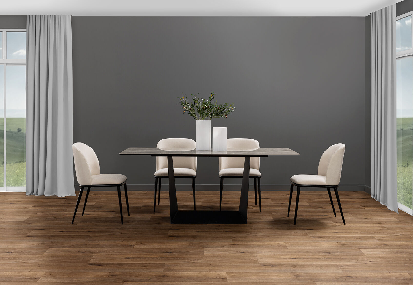 MILAS 7 PIECE DINING SUITE WITH CEDRIC DINING CHAIRS.  CREAM/GREY