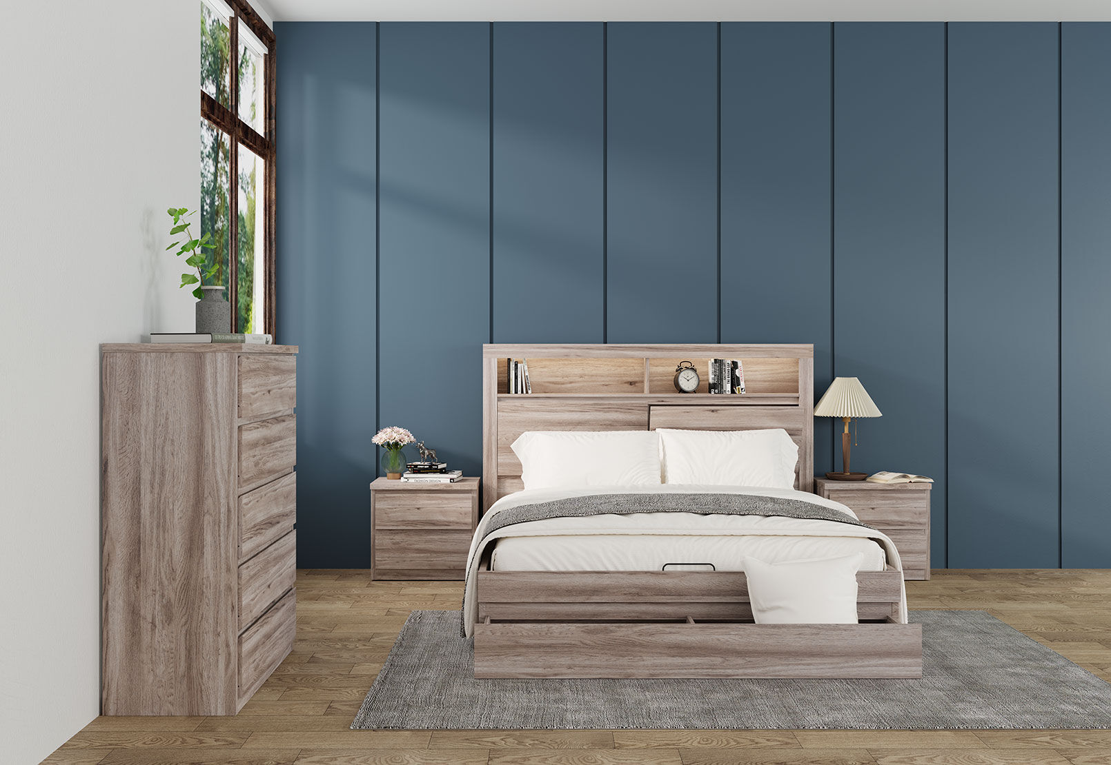 KINCAID 4 PIECE QUEEN TALL CHEST BEDROOM SUITE. CHARCOAL