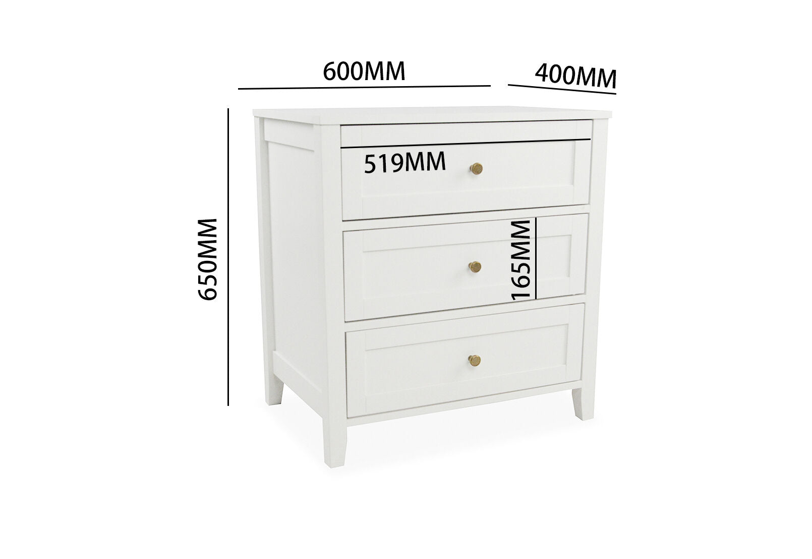ROBERTSON 3 DRAWER BEDSIDE WHITE