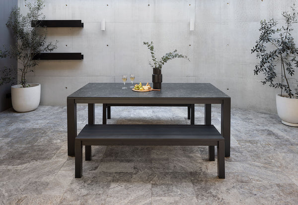 LA PALOMA 3 PIECE OUTDOOR DINING TABLE WITH NAVITI BENCH SETTING CHARCOAL