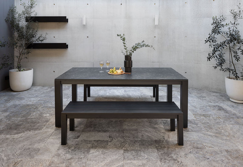 LA PALOMA 3 PIECE OUTDOOR DINING TABLE WITH NAVITI BENCH SETTING CHARCOAL