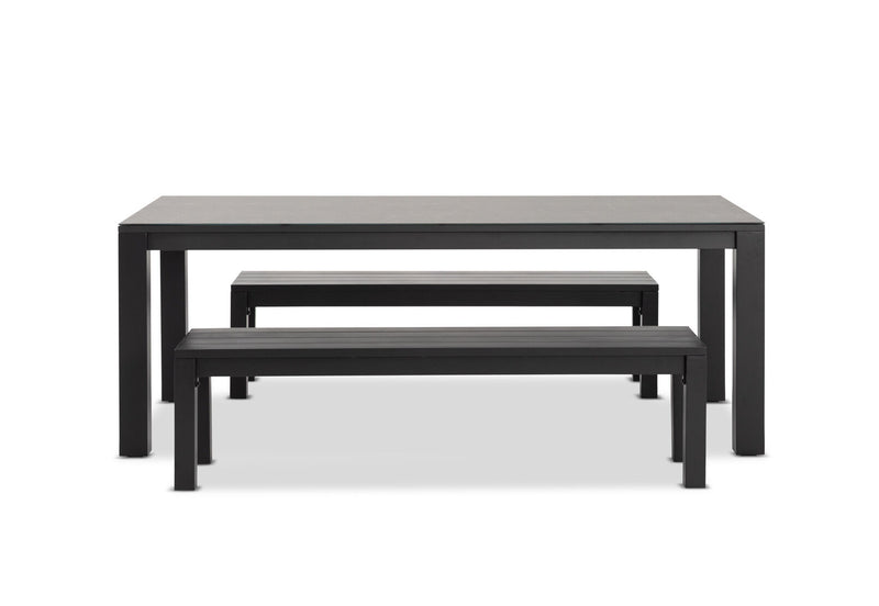 LA PALOMA 3 PIECE OUTDOOR DINING TABLE WITH NAVITI BENCH SETTING CHARCOAL