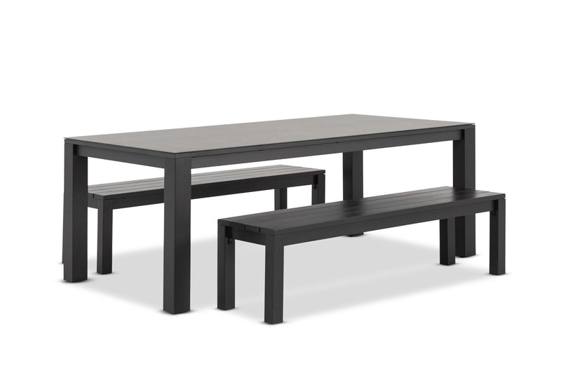 LA PALOMA 3 PIECE OUTDOOR DINING TABLE WITH NAVITI BENCH SETTING CHARCOAL