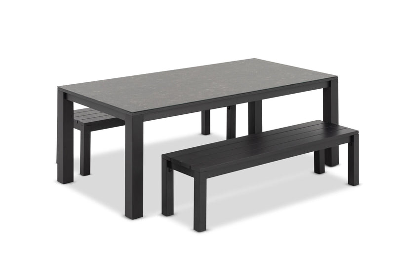 LA PALOMA 3 PIECE OUTDOOR DINING TABLE WITH NAVITI BENCH SETTING CHARCOAL