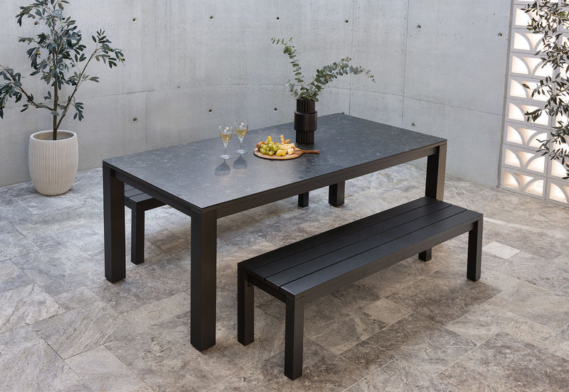 LA PALOMA 3 PIECE OUTDOOR DINING TABLE WITH NAVITI BENCH SETTING CHARCOAL