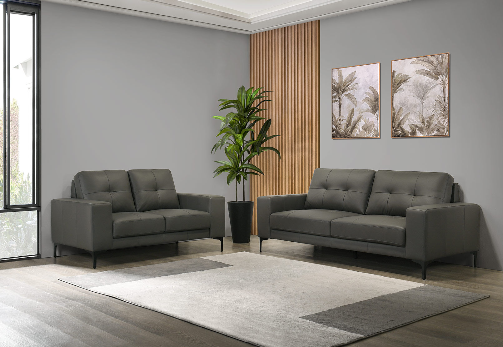 NEVILLE LEATHER 3 SEATER SOFA 	DARK GREY
