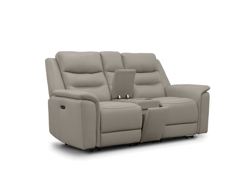 ATALANTA LEATHER 2 SEATER WITH INBUILT ELECTRIC RECLINERS AND CONSOLE LIGHT GREY
