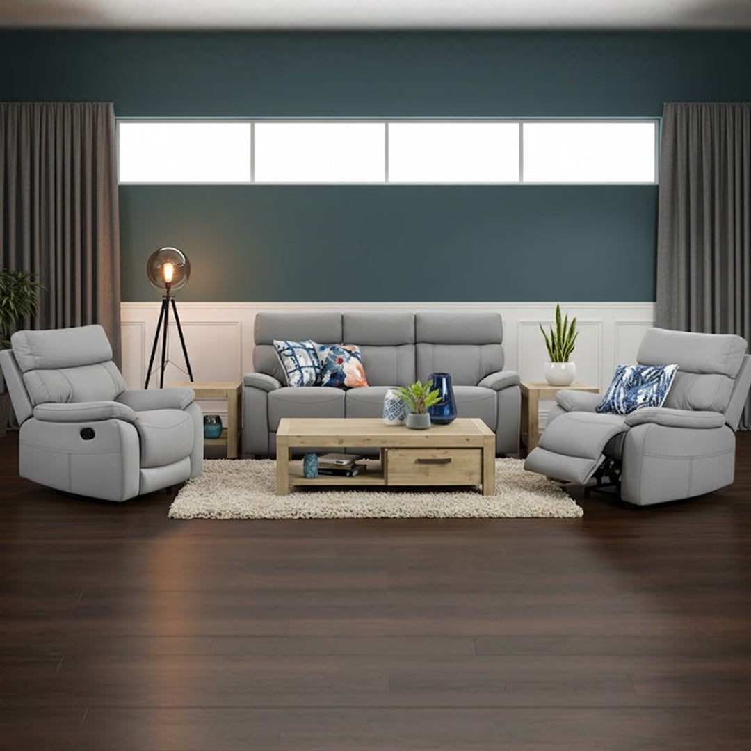 ALFRED FABRIC 3 PIECE RECLINER SUITE LIGHT GREY