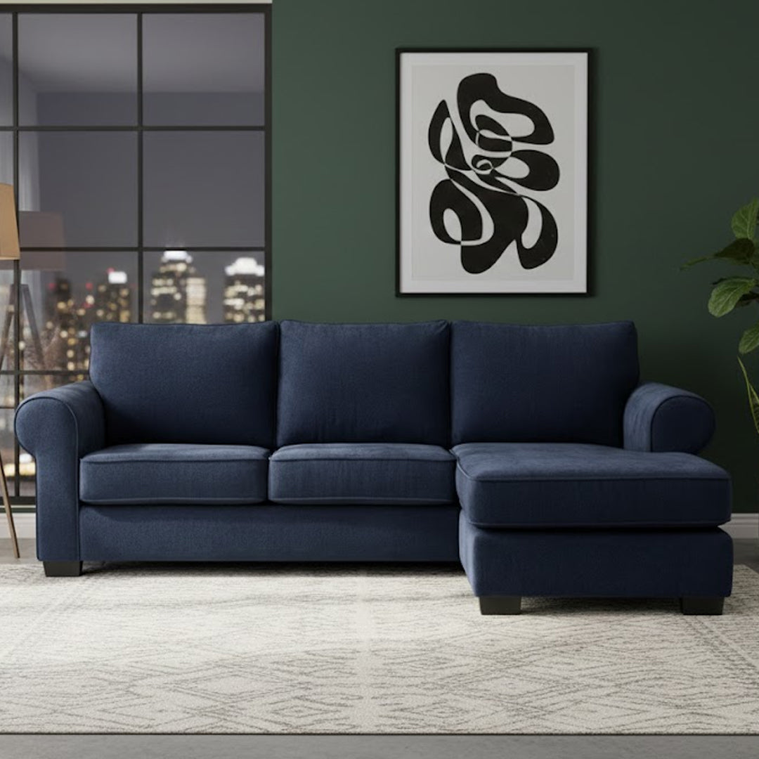ALLI FABRIC 3 SEATER SOFA WITH REVERSIBLE CHAISE NAVY