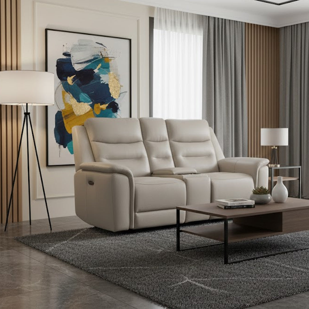 ATALANTA LEATHER 2 SEATER WITH INBUILT ELECTRIC RECLINERS AND CONSOLE LIGHT GREY