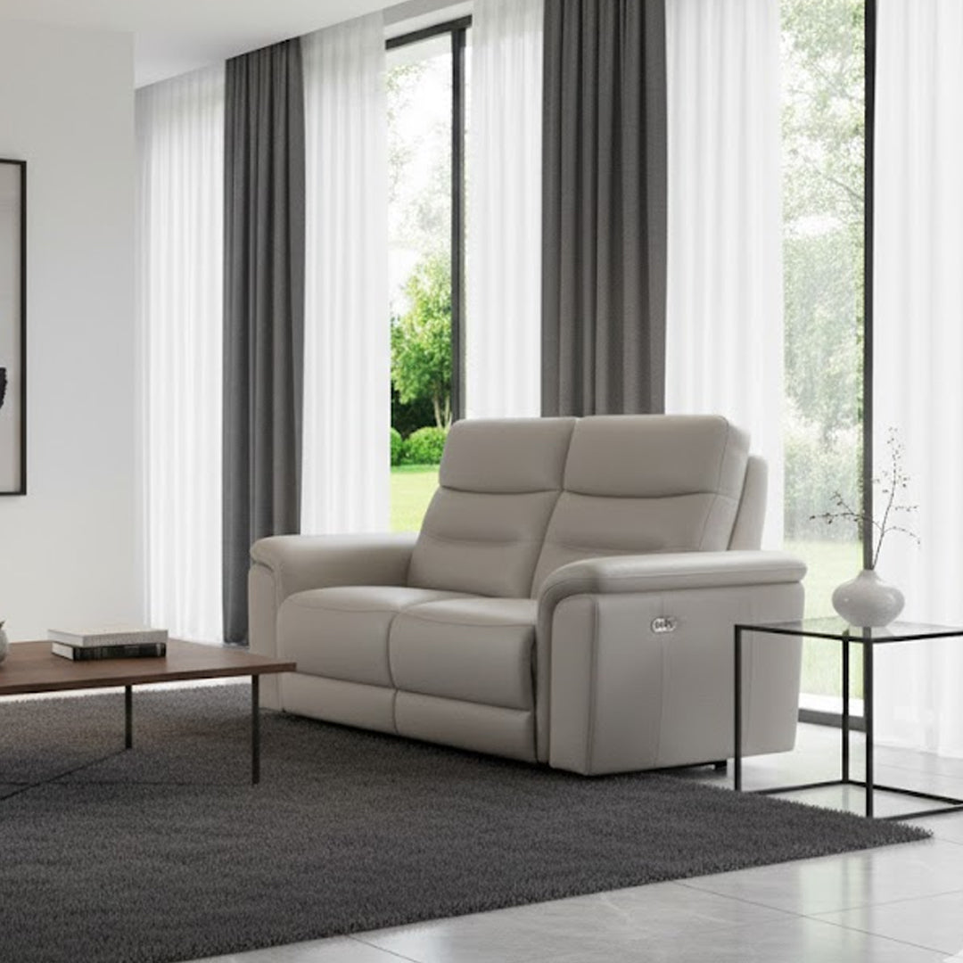 ATALANTA LEATHER 2 SEATER WITH INBUILT ELECTRIC RECLINERS LIGHT GREY