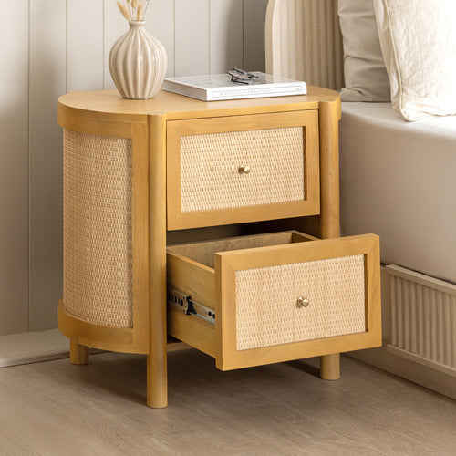 ALEXANDRA CURVED MANGO WOOD & RATTAN BEDSIDE TABLE