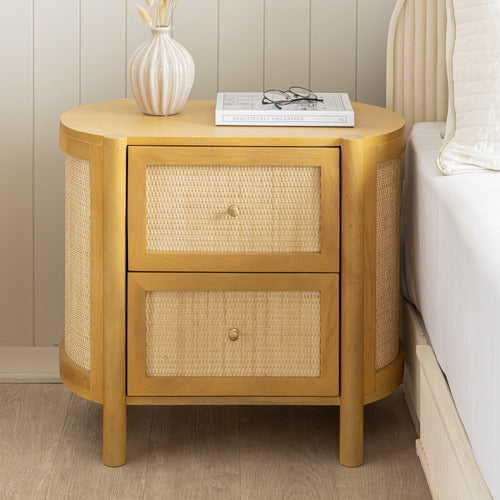 ALEXANDRA CURVED MANGO WOOD & RATTAN BEDSIDE TABLE