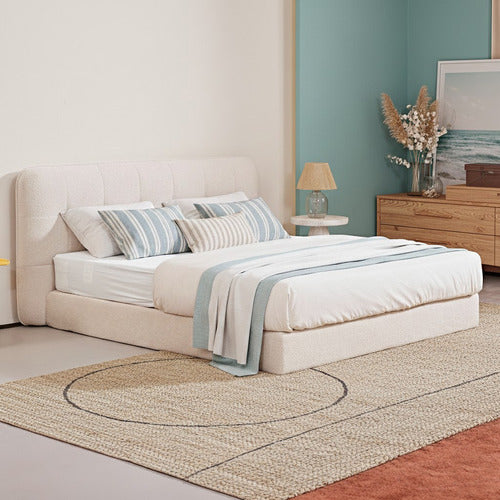 CORNER OFFICE BEIGE ALWEN BOUCLE HIGH DENSITY FOAM QUEEN BED FRAME