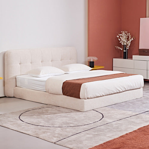 CORNER OFFICE BEIGE ALWEN BOUCLE HIGH DENSITY FOAM QUEEN BED FRAME