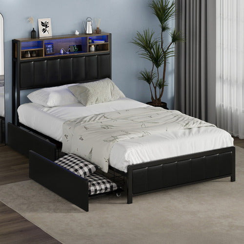 LIVING FUSION ALY FAUX LEATHER BED WITH LED & DRAWERS