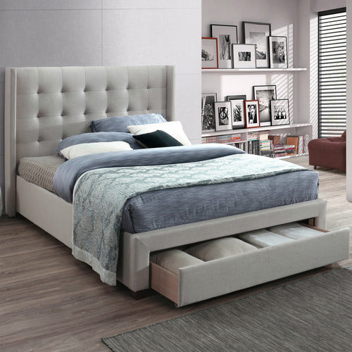 WESTERN DESIGNS OAT WHITE ATLANTA UPHOLSTERED DOUBLE BED WITH STORAGE & MATTRESS