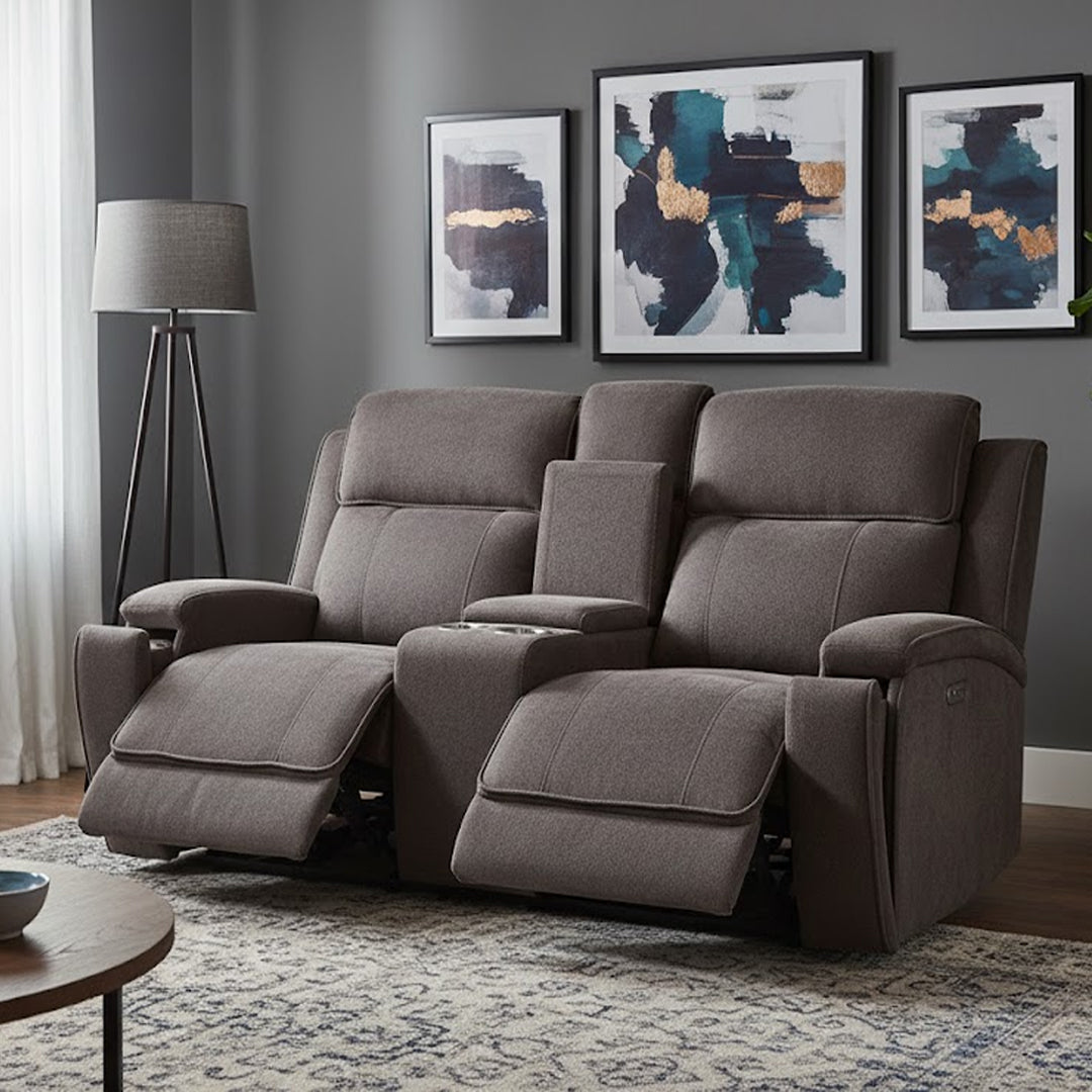 BAYTOWN FABRIC 2 SEATER ELECTRIC RECLINERS WITH CONSOLE GREY