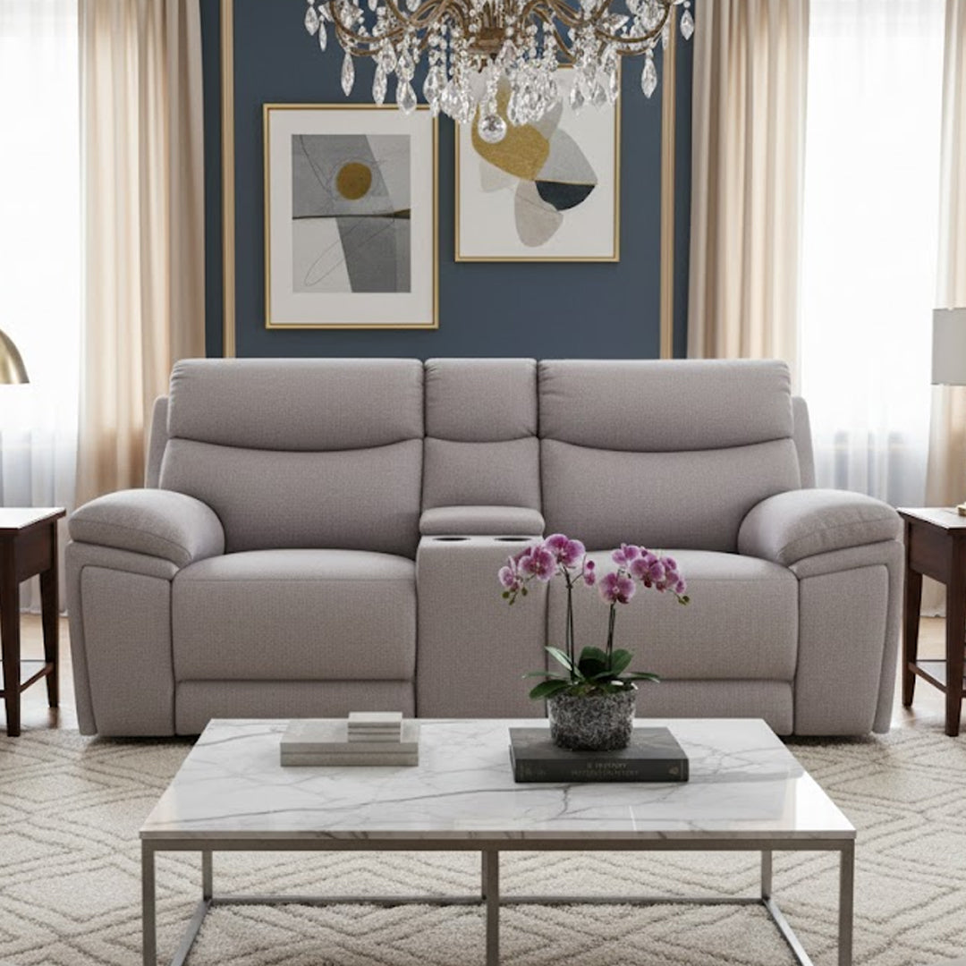 BRAVORA FABRIC 2 SEATER SOFA ELECTRIC RECLINER WITH CONSOLE LIGHT GREY