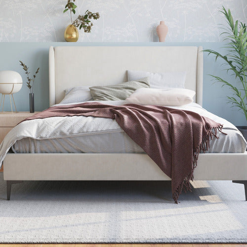 RAWSON & CO BEIGE ZHENG UPHOLSTERED BED FRAME WITH BLACK LEGS