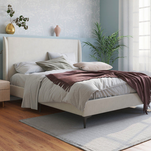 RAWSON & CO BEIGE ZHENG UPHOLSTERED BED FRAME WITH BLACK LEGS