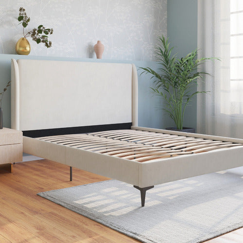 RAWSON & CO BEIGE ZHENG UPHOLSTERED BED FRAME WITH BLACK LEGS
