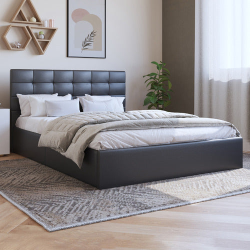 RAWSON & CO BLACK AMALFI BUTTONED FAUX LEATHER GAS LIFT BED FRAME